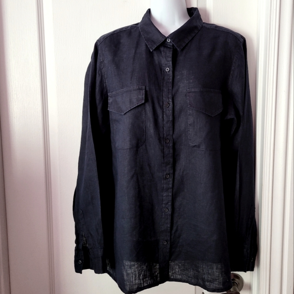 Joe Fresh Women's Linen Blouse Dark Blue Large